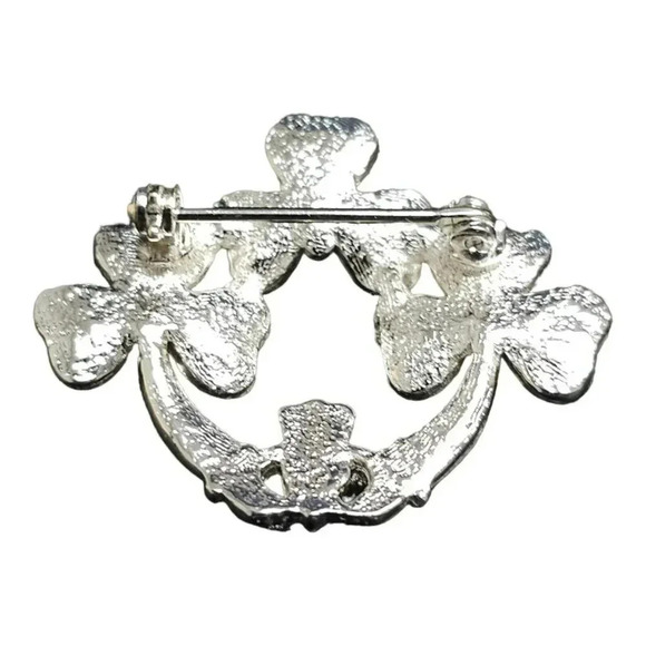 Green Enamel Silver Tone Lucky Shamrock Claddagh Irish Celtic Brooch - Picture 4 of 4